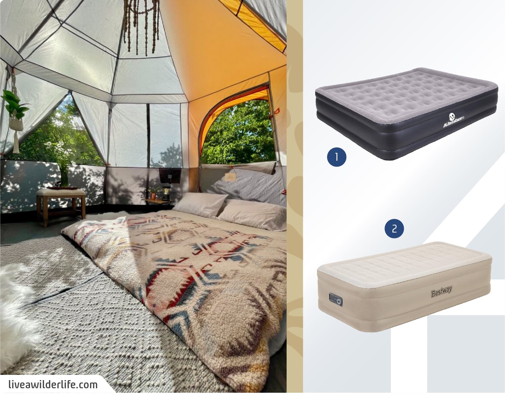 Moodboard de colchones inflables eléctricos disponibles en Sodimac junto a una foto del interior de una gran carpa con una cama de dos pieas, con una frazada con motivos étnicos multicolor y una alfombra blanca.