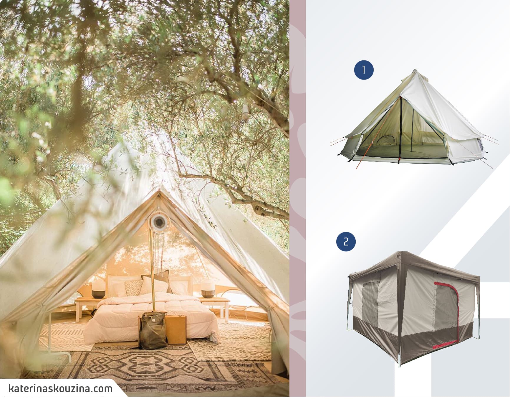 Moodboard de carpas para glamping disponibles en Sodimac, junto a una imagen de una carpa grande beige, rodeado por árboles y, adentro, una cama, estufa, alfombras y otros artículos de camping.