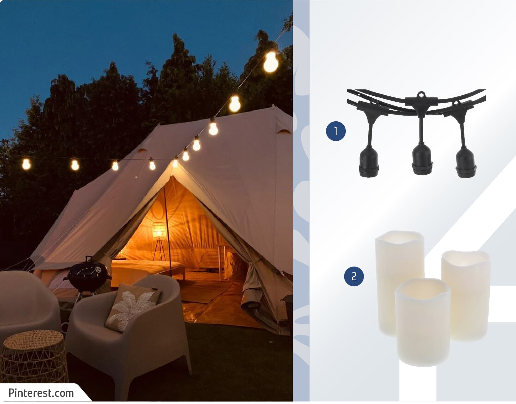 Moodboard de luces para glamping disponibles en Sodimac, junto a una imagen de una carpa blanca en la noche, con poltronas y sofás y decorado con guirnalda de luces.