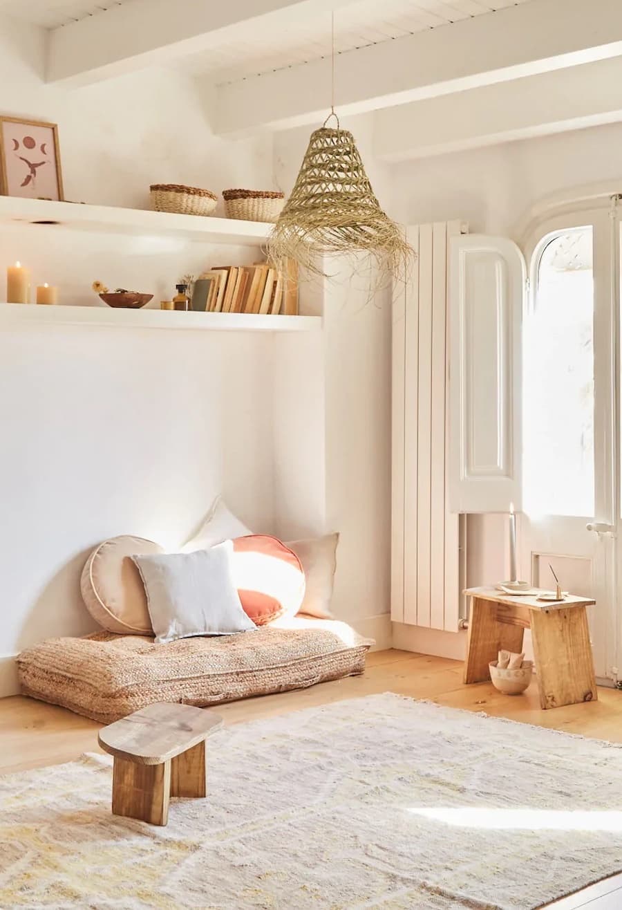 Dormitorio estilo wellness, de muros altos blancos con ventana abierta. Tiene dos repisas flotantes blancas con libros y adornos y un colchón en el suelo con cojines. Bajo la ventana hay un pequeño piso de madera. Piso de madera y alfombra blanca