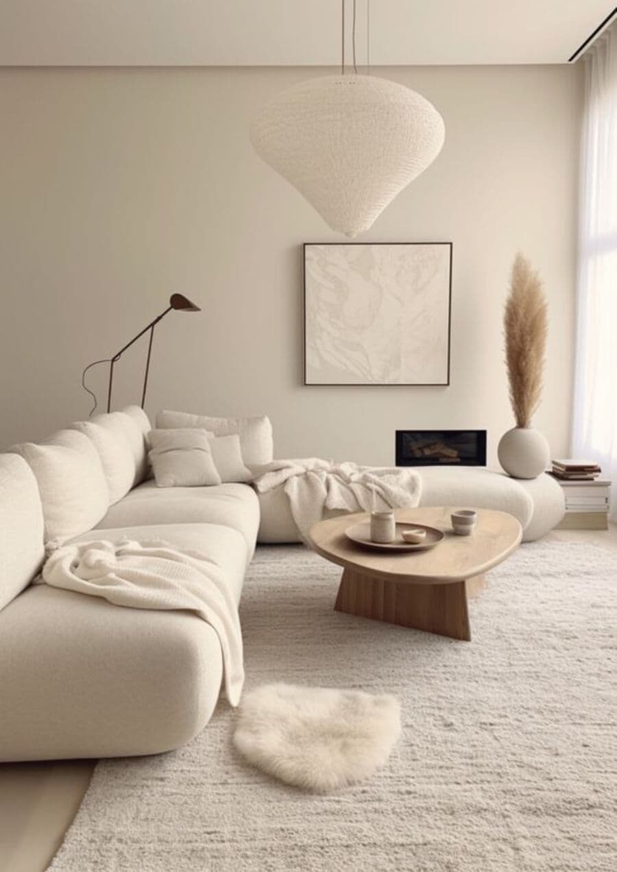 Living estilo minimalista con gran sillón en L, con chaise longue. Sillón de color blanco, bajo, de tela suave y mullida. Cojines blancos y una manta. Mesa de centro de madera, triangular de esquinas redondeadas. Muros color crema con gran cuadro.