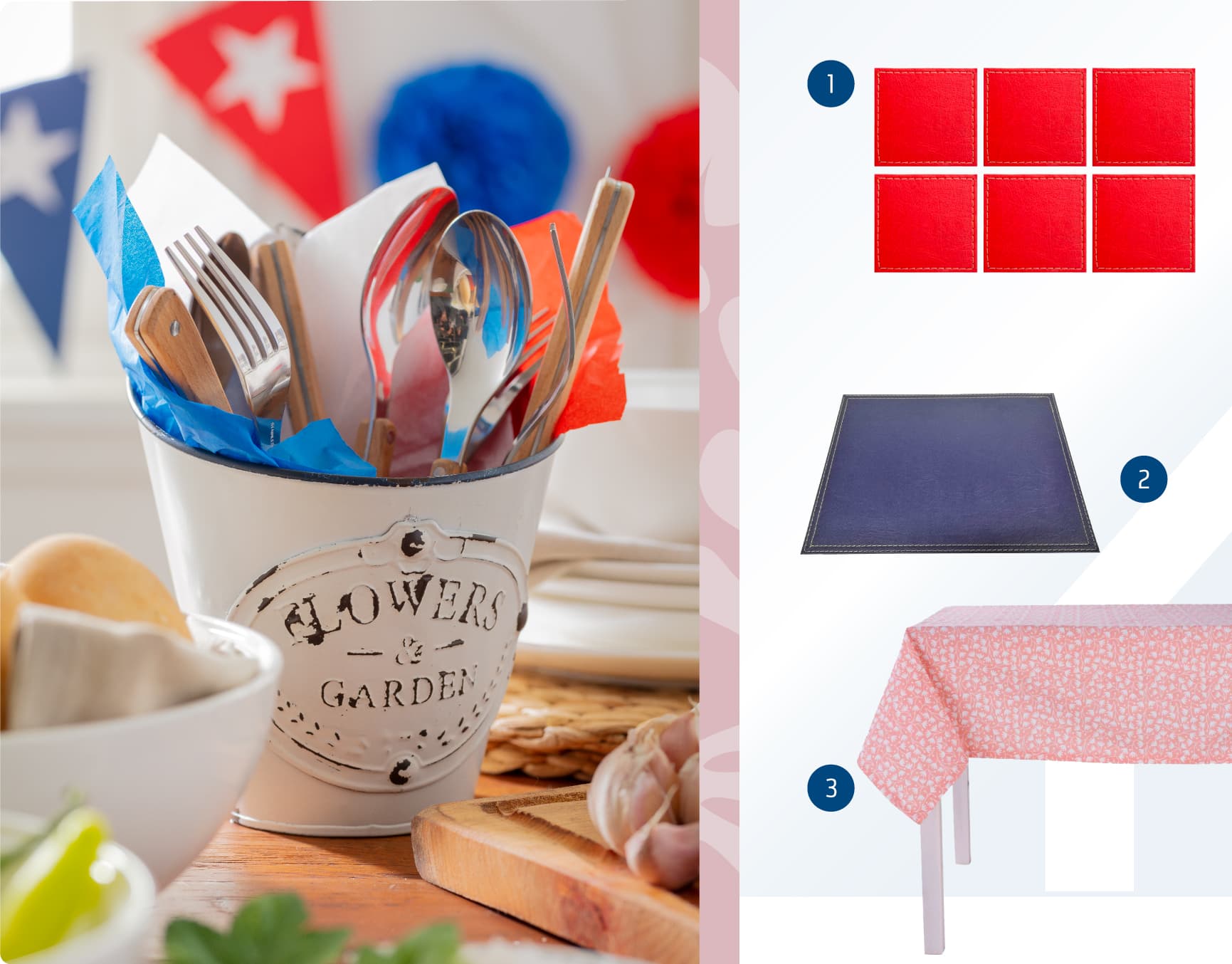 Moodboard de textiles para mesa de colores rojo y azules disponibles en Sodimac.
