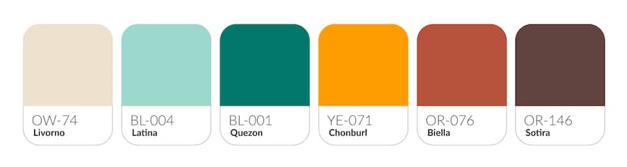 Paleta de colores Bali de Kolor, con sus códigos y muestras de colores respectivos.