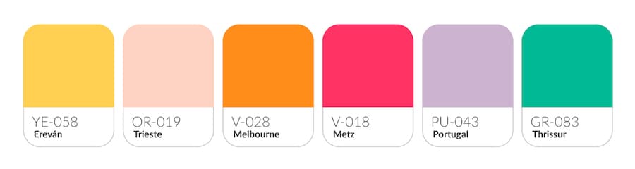 Paleta de colores Happy Summer de Kolor, con sus códigos y muestras de colores respectivos.