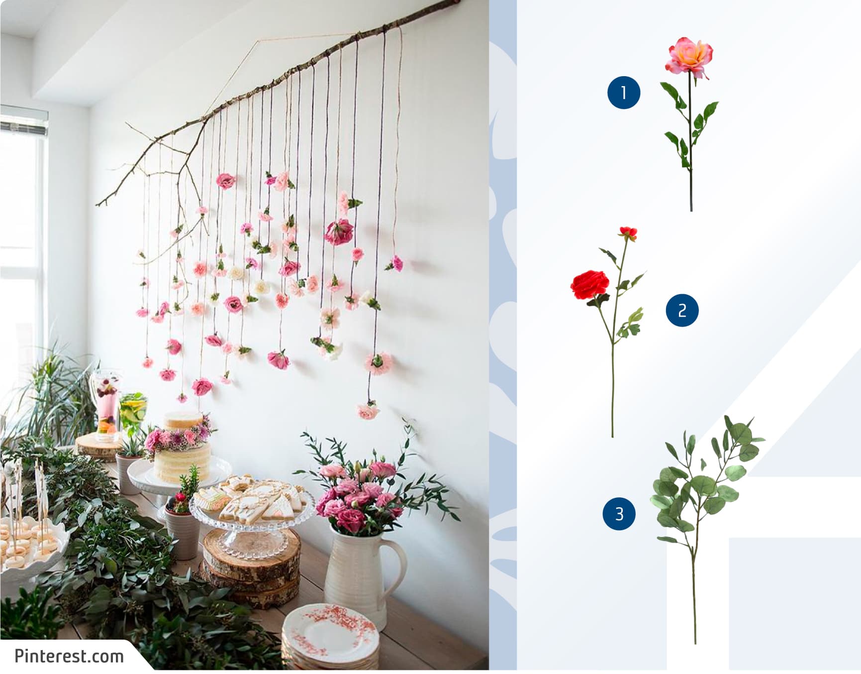Moodboard de flores artificiales para un matrimonio civil en casa disponibles en Sodimac.