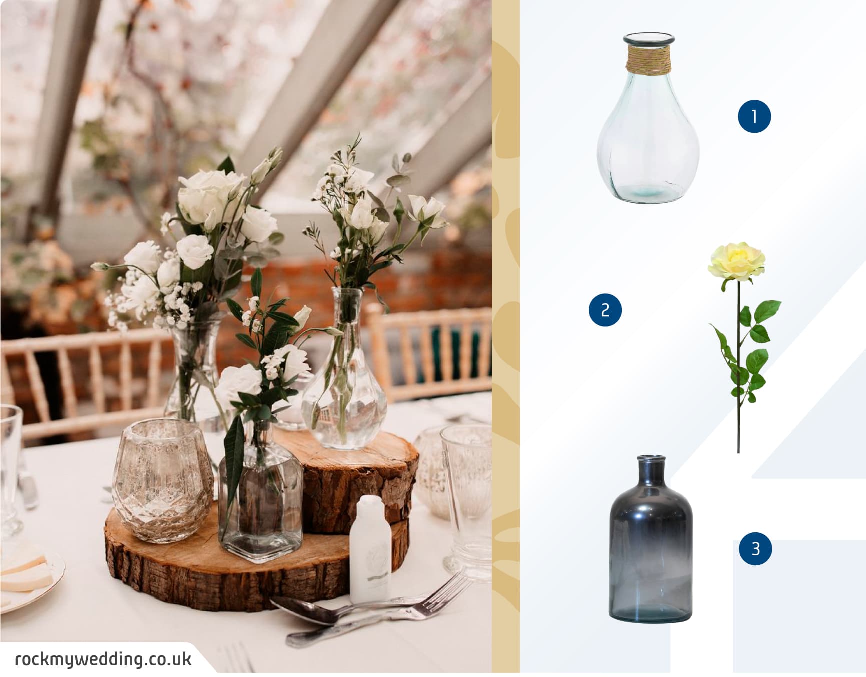 Moodboard de flores artificiales y jarrones para un matrimonio civil en casa disponibles en Sodimac.