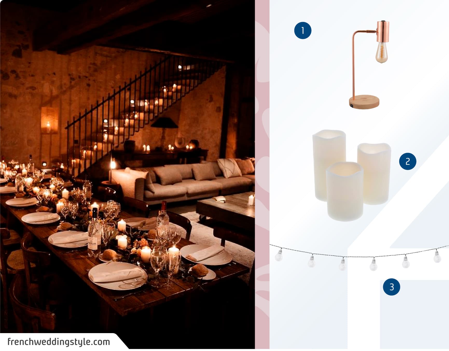 Moodboard de velas, lámparas de mesa y guirnaldas para un matrimonio civil en casa disponibles en Sodimac.