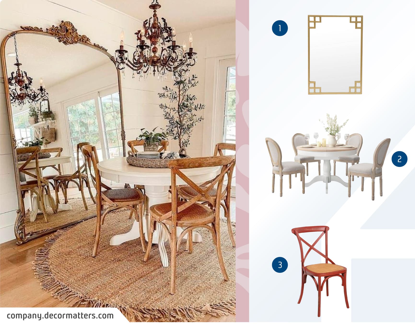 Comedor estilo clásico con una mesa redonda blanca rodeada por cuatro sillas de madera. Al lado del comedor hay un gran espejo con marco dorado y ornamentado.