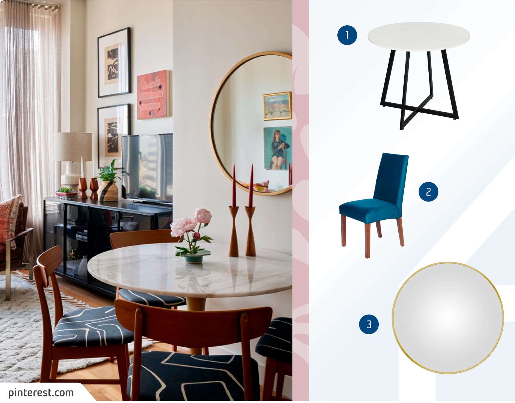 Living comedor, con una mesa redonda blanca con cuatro sillas de madera con asientos azules. La mesa está apoyada en una pared donde está colgado un espejo redondo con marco dorado.