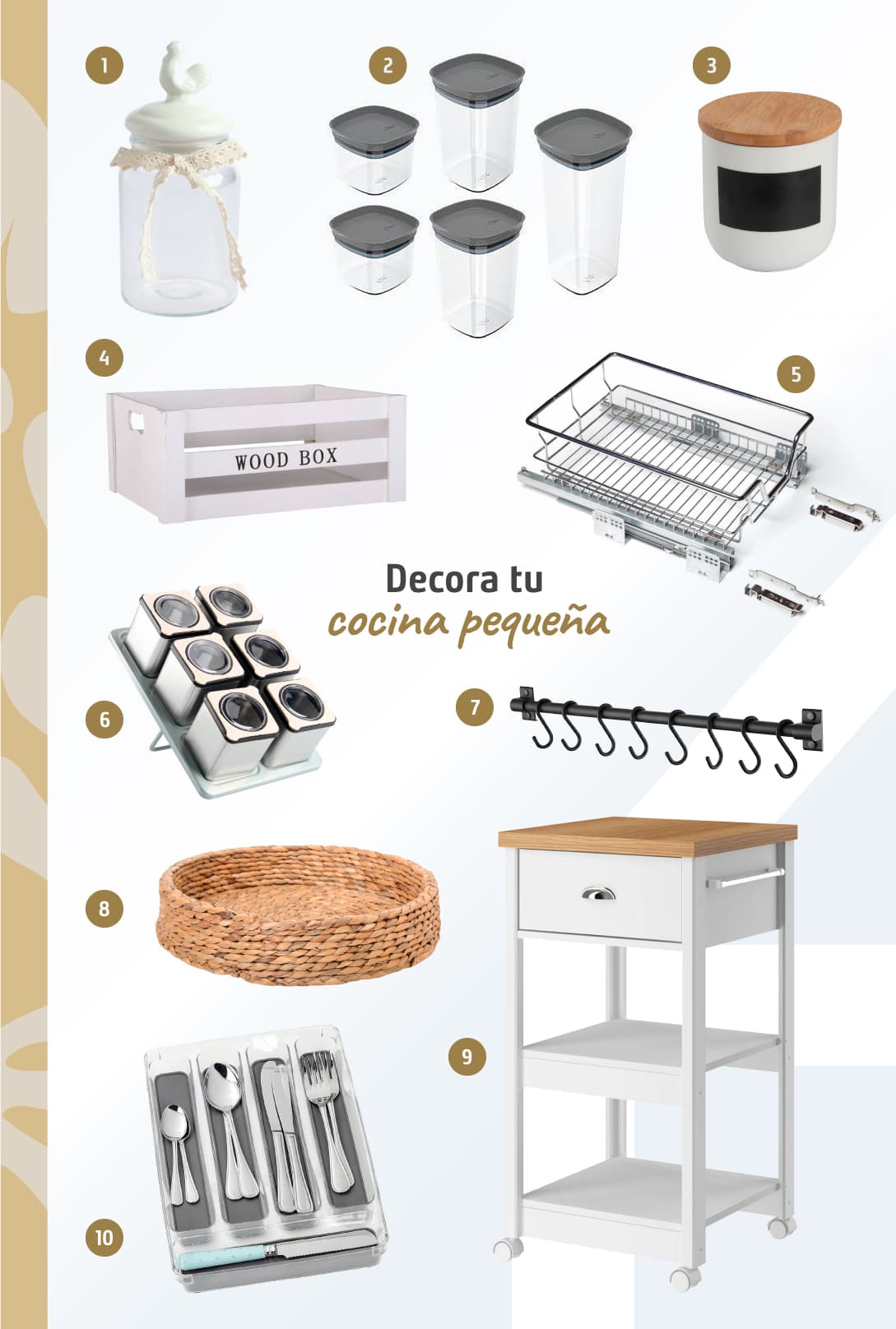 Moodboard de productos de organización de cocina disponibles en Sodimac.
