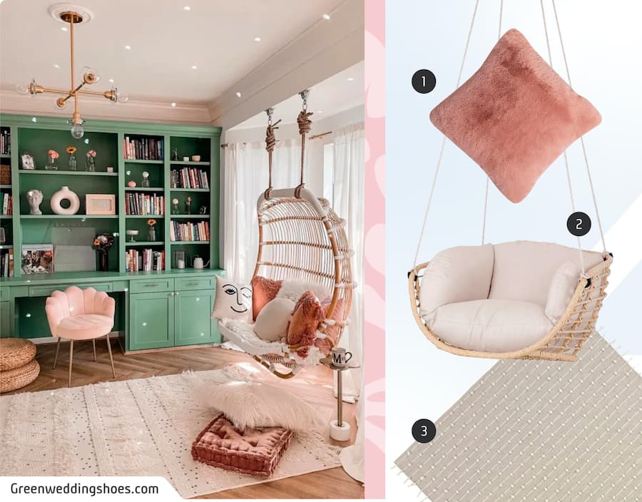 Moodboard de inspiración de un living aesthetic, con una alfombra beige, una silla colgante y un cojín rosado pastel. Al costado hay imágenes de esos 3 productos disponibles en Sodimac.