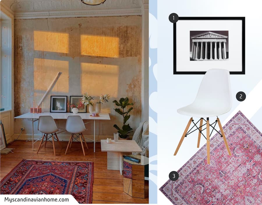Moodboard de inspiración de un living y home office abierto de estilo aesthetic, con una alfombra oriental en tonos rojizos, 2 sillas eames blancas y 2 marcos de foto negros. Al costado hay imágenes de esos 3 productos disponibles en Sodimac.