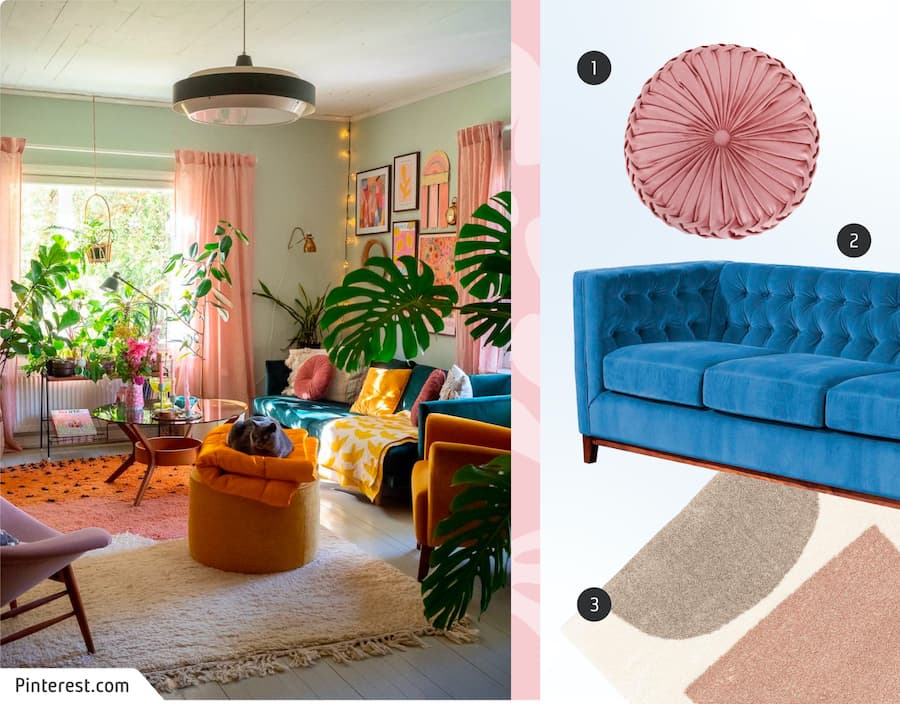 Moodboard de inspiración de una sala de estar de estilo aesthetic, con una alfombra con diseño beige, rosa pastel y blanco, un sofá azul y un cojín rosado. Al costado hay imágenes de esos 3 productos disponibles en Sodimac.