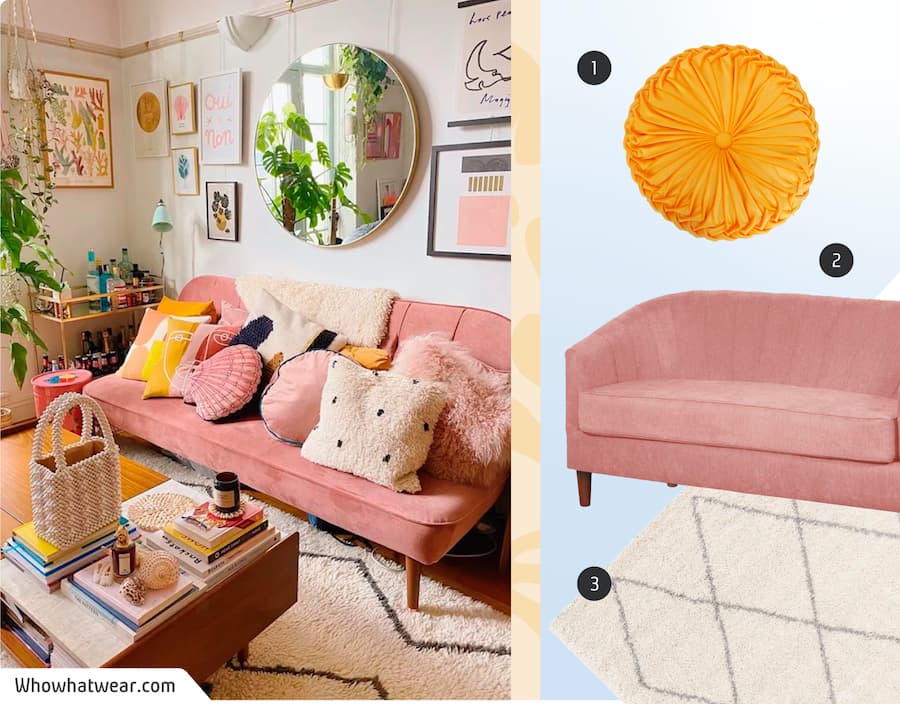 Moodboard de inspiración de un living de estilo aesthetic, con una alfombra shaggy blanca con líneas grises, un sofá rosado pastel y un cojín amarillo. Al costado hay imágenes de esos 3 productos disponibles en Sodimac.