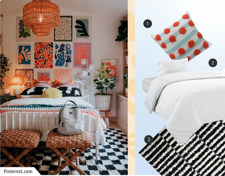 Moodboard de inspiración de un dormitorio aesthetic, con una alfombra con líneas blancas y negras, un cobertor blanco y un cojín de colores. Al costado hay imágenes de esos 3 productos disponibles en Sodimac.
