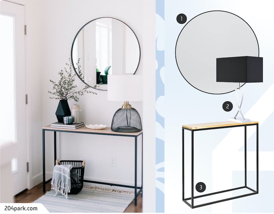 Moodboard de inspiración con la entrada de una casa de estilo Ejecutivo urbano, junto a un espejo, un arrimo y una lámpara de mesa disponibles en Sodimac.