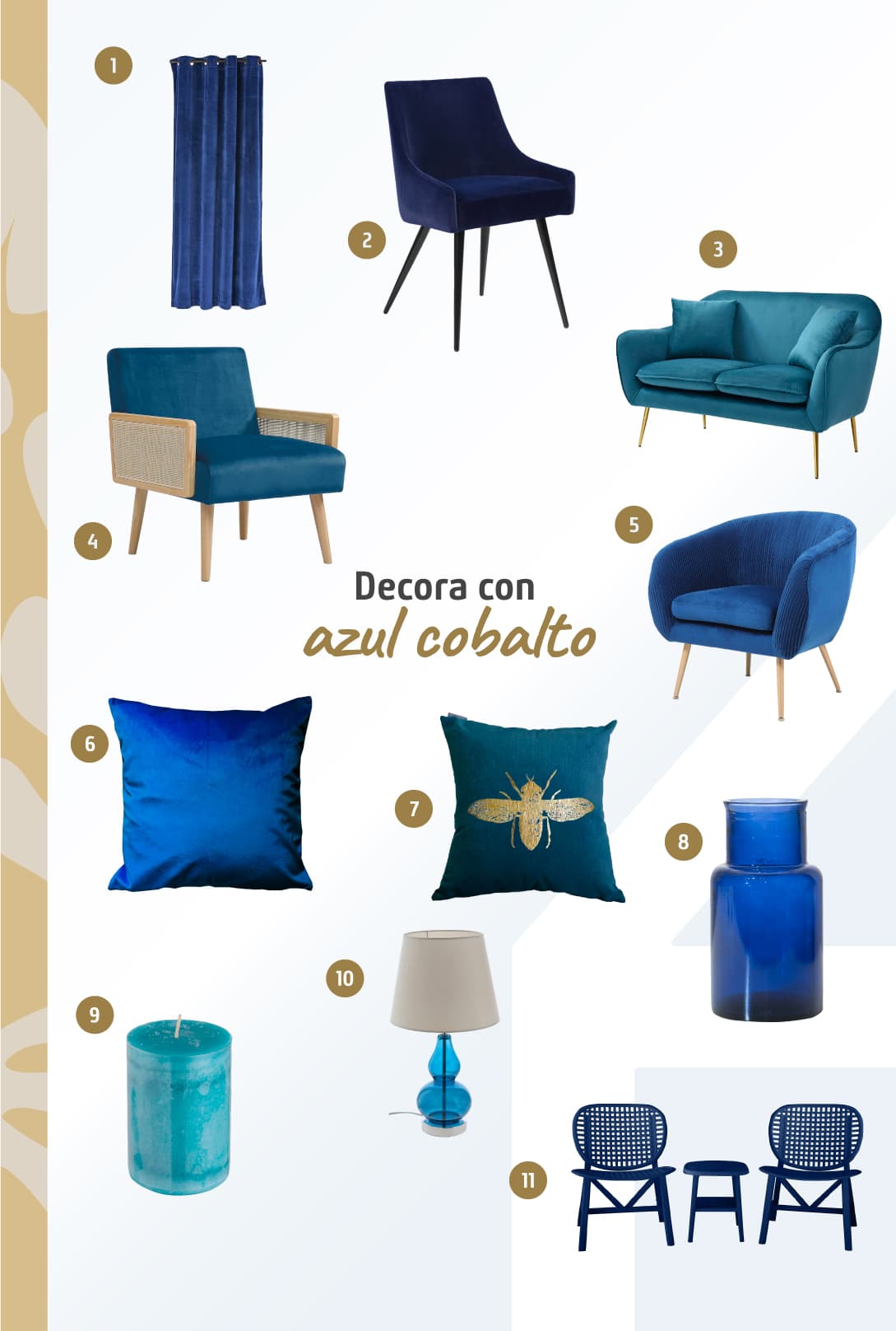 Moodboard de productos color azul cobalto disponibles en Sodimac, como poltronas, sofá, velas y lámparas.