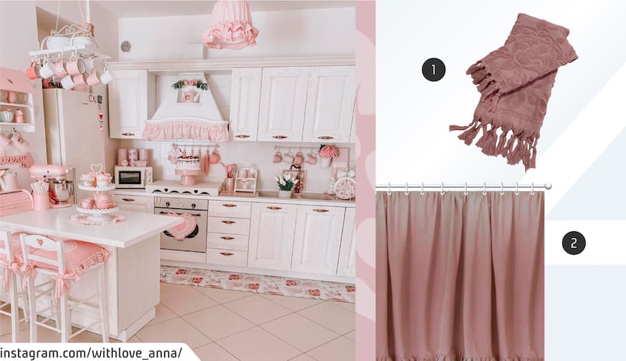 Moodboard de productos estilo coquette disponibles en Sodimac junto a una imagen de una cocina blanca con decoraciones rosas, como volados y moños.