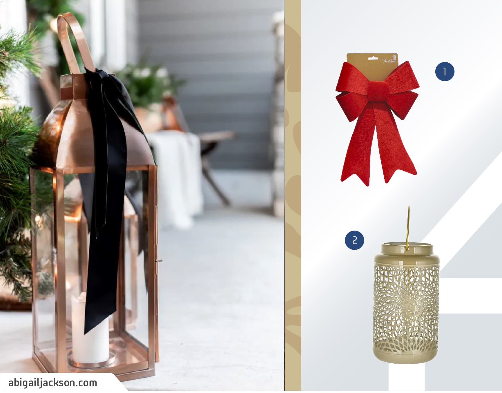 Fanal de cobre con un moño negro velvet, junto a un moodboard de productos para decoración de Navidad disponibles en Sodimac.