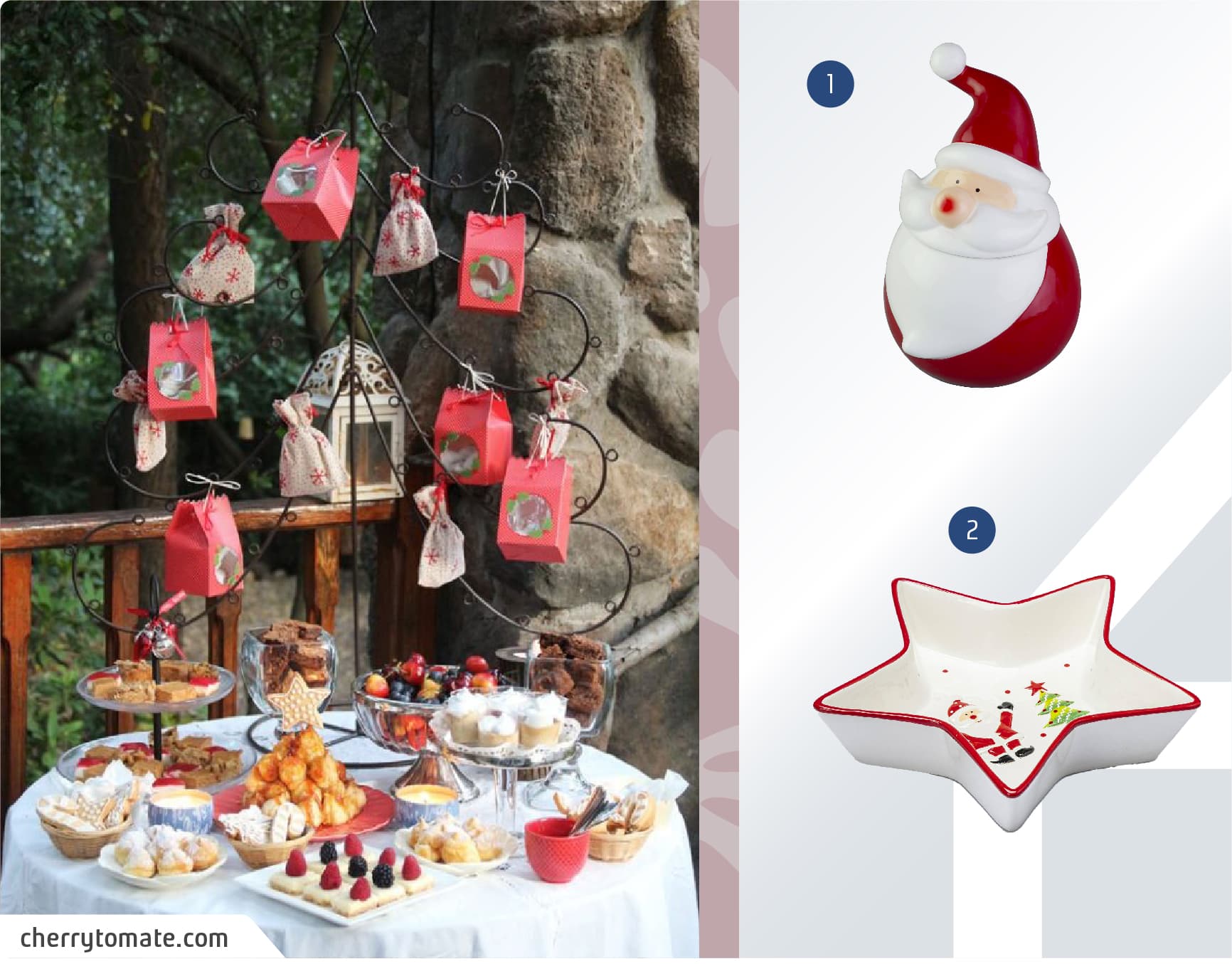 Mesa de postres dispuestos en una terraza, con decoraciones navideñas como estrellas y mini bolsas de regalo, junto a un moodboard de vajillas navideñas disponibles en Sodimac.
