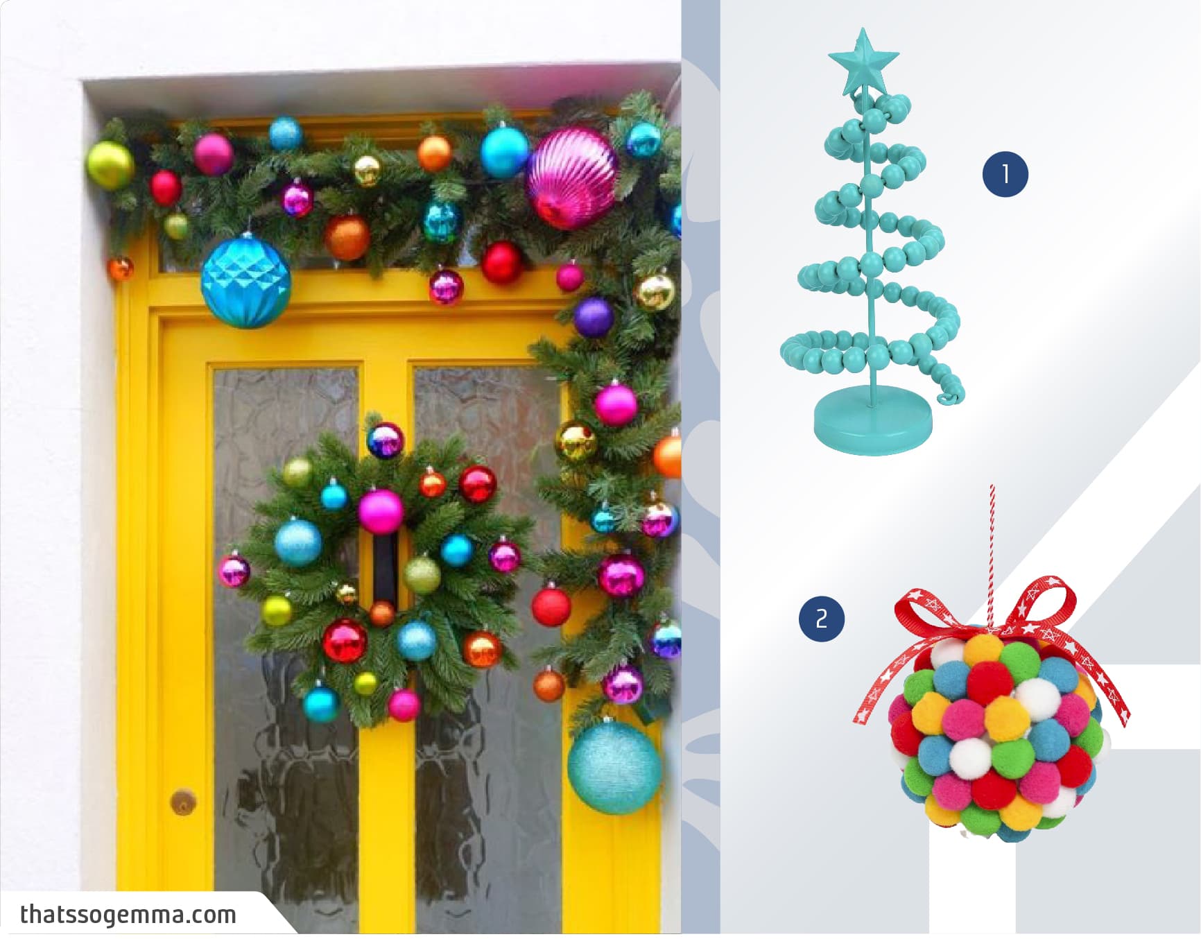 Puerta amarilla decorada con guirnaldas de pino y esferas de navidad multicolor junto a un moodboard de adornos navideños disponibles en Sodimac.