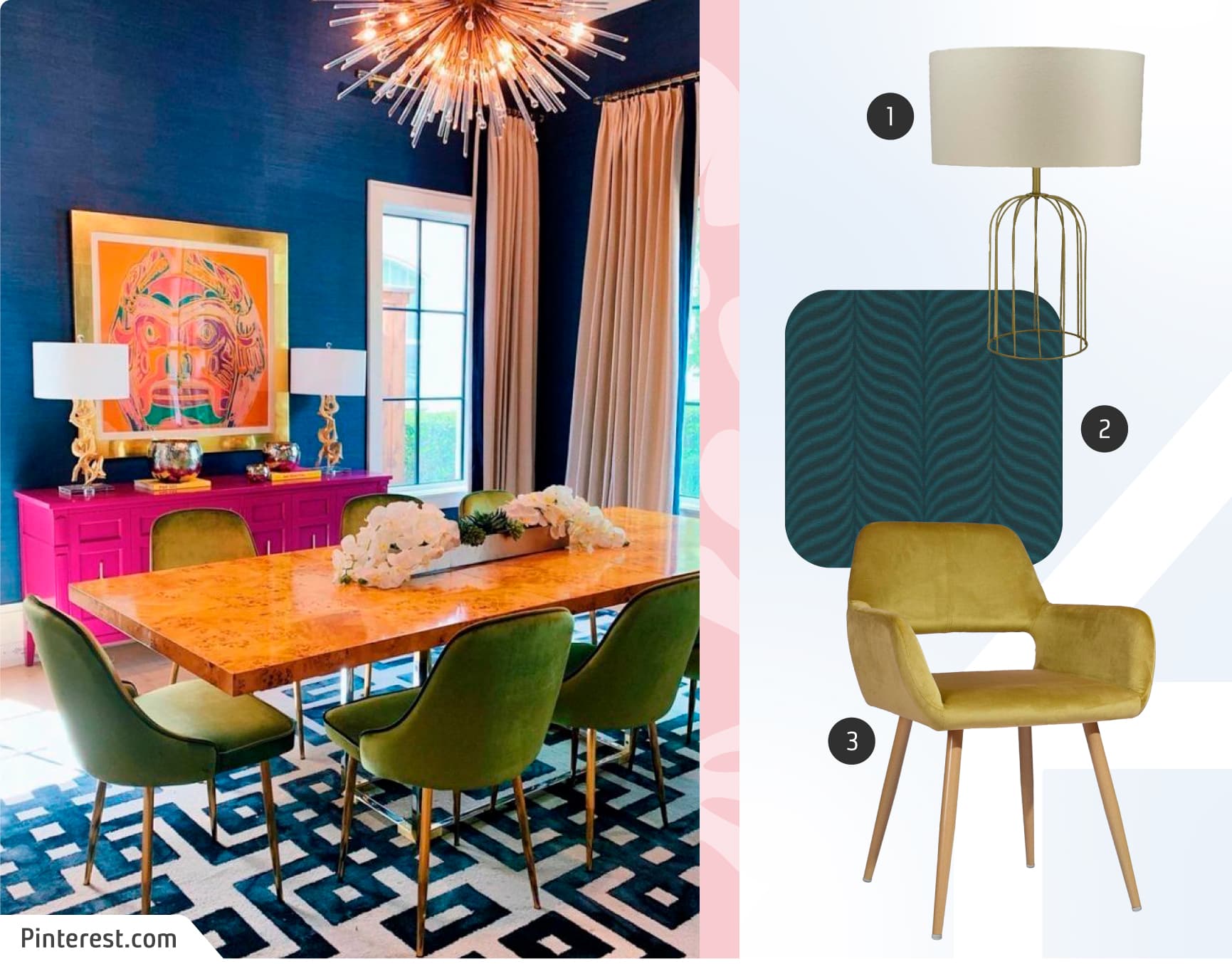 Moodboard de inspiración con una foto de un comedor de estilo maximalista de paredes azules, sillas verdes, alfombra blanco y negro, buffet rosado, y junto a ella, una lámpara de mesa dorada, una papel mural verde azulado y una silla de comedor verde.