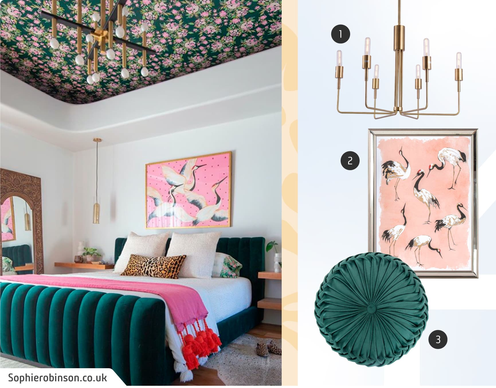 Moodboard de inspiración con una foto de un dormitorio maximalista con una cama de terciopelo verde oscuro y piecera rosada, papel mural en el techo y un cuadro con aves; y junto a ella, una lámpara colgante dorada, un cojín verde y un cuadro con aves.