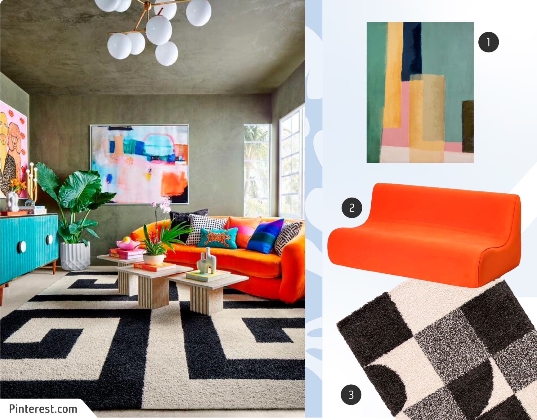 Moodboard de inspiración con una foto de un living de estilo maximalista con alfombra con diseño en blanco y negro, sofá anaranjado con cojines de colores y una obra de arte en el muro; y junto a ella, 3 productos similares disponibles en Sodimac.