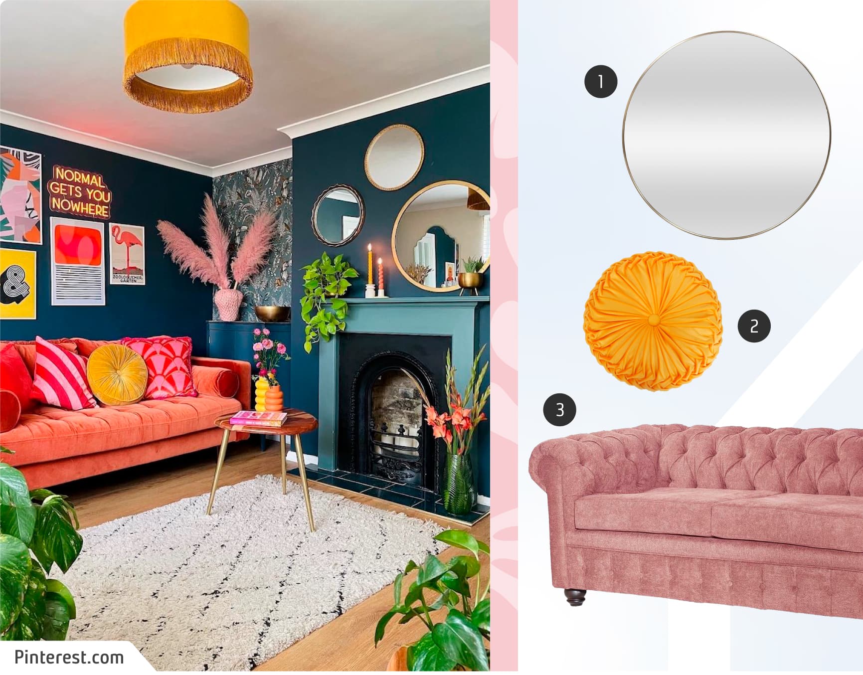 Moodboard de inspiración con una foto de una sala de estar maximalista, con muros verdes, cuadros de colores, espejos redondos; y junto a ella, un sofá rosado, cojín amarillo y un espejo redondo con marco dorado.