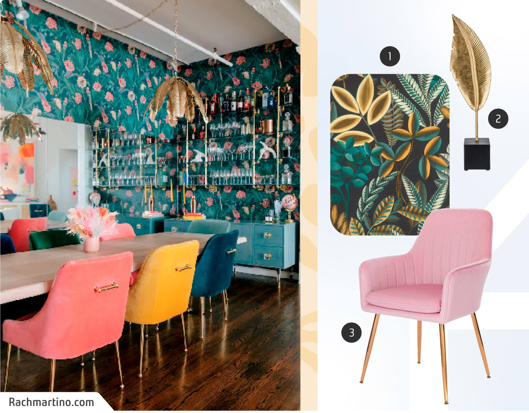 Moodboard de inspiración con una foto de un comedor de estilo maximalista con papel mural verde con flores, sillas de colores y un buffet calipso; y junto a ella, un papel mural de hojas verdes, una silla rosada y un adorno dorado.