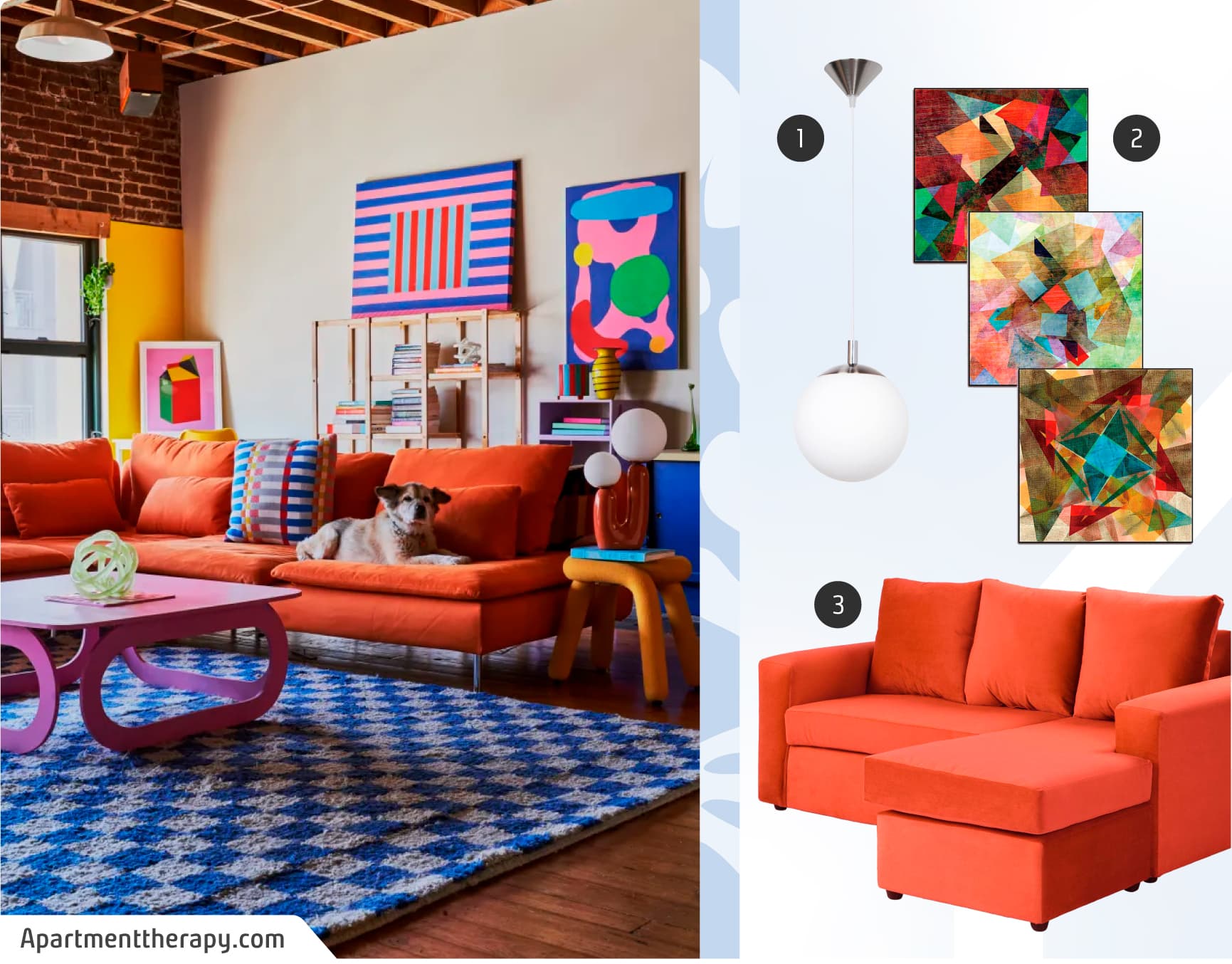 Moodboard de inspiración con una foto de un living maximalista, con una alfombra con patrón de ajedrez azul con blanco, un sofá naranjo y cuadros de colores en la pared del fondo; y junto a ella, una lámpara colgante, 3 cuadros y un sofá anaranjado en L.
