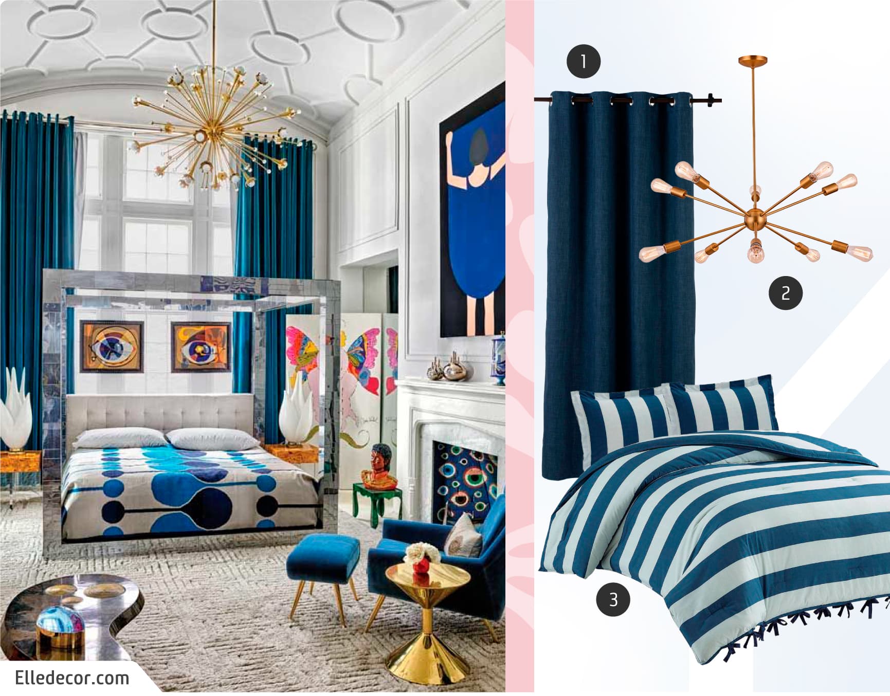 Moodboard de inspiración con una foto de un dormitorio maximalista en tonos azules y dorados, y junto a ella, una cortina azul, cobertor de rayas blancas con azul y una lámpara dorada con varias ampolletas.