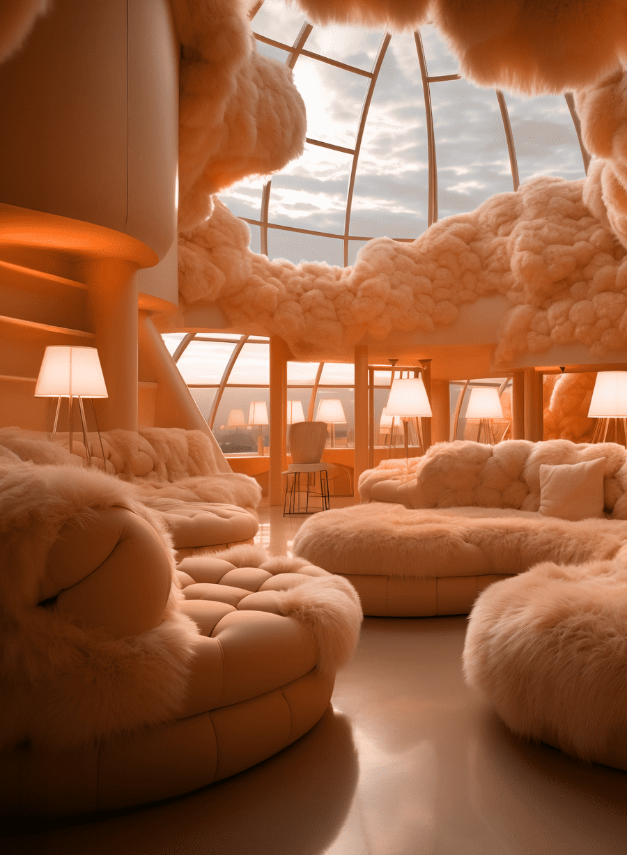 Renderizado de un living de fantasía con sofás, paredes, lámparas y adornos de colores peach fuzz.