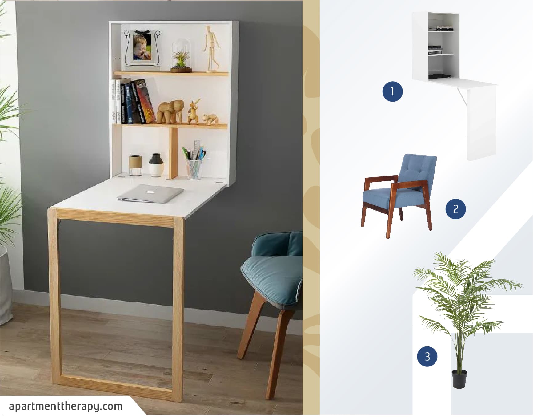 Moodboard de productos para un escritorio pequeño para dormitorio disponibles en Sodimac junto a una foto de un escritorio plegable blanco que está instalado en una pared.