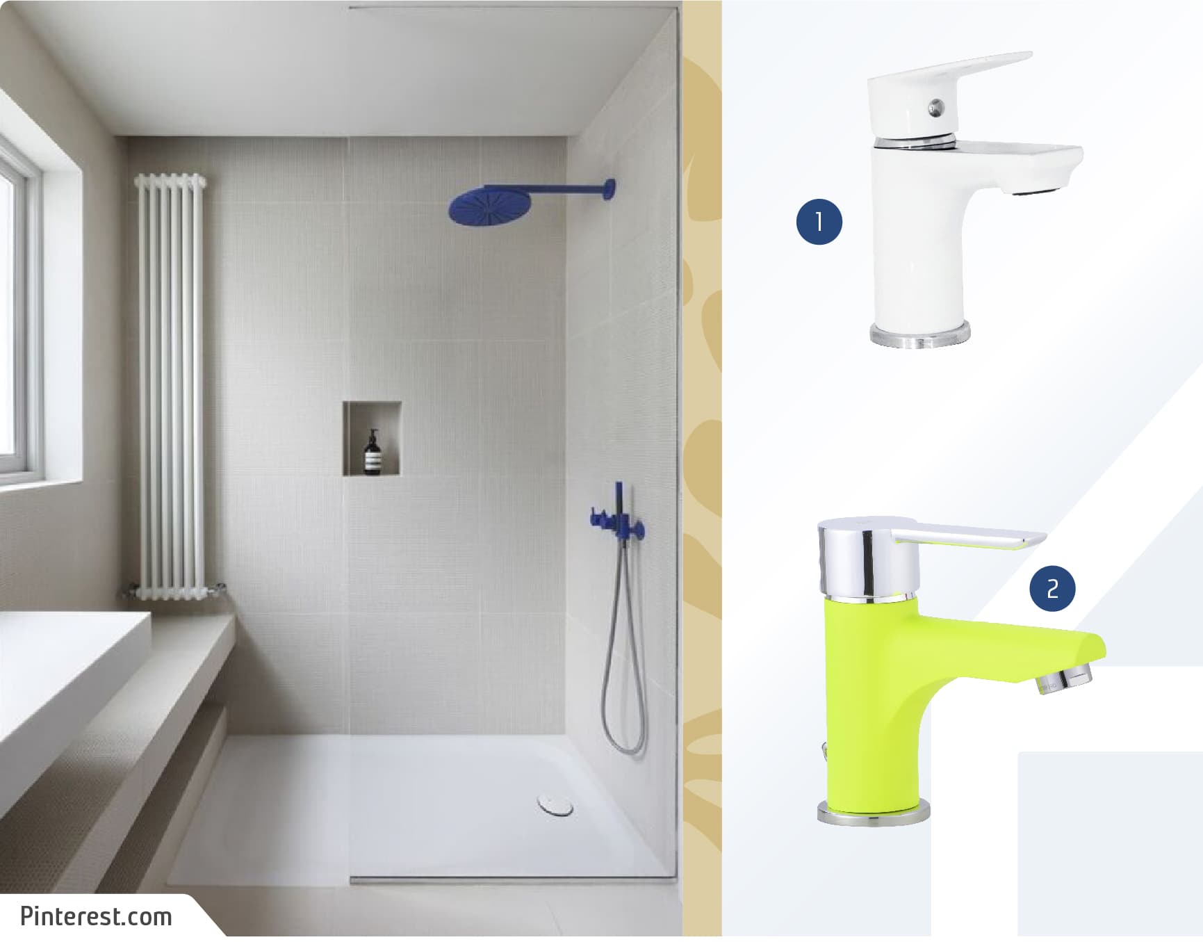 Moodboard de grifería para lavamanos blanco y amarillo disponibles en Sodimac, junto a una imagen de una ducha con mampara de vidrio y monomando de ducha azul.