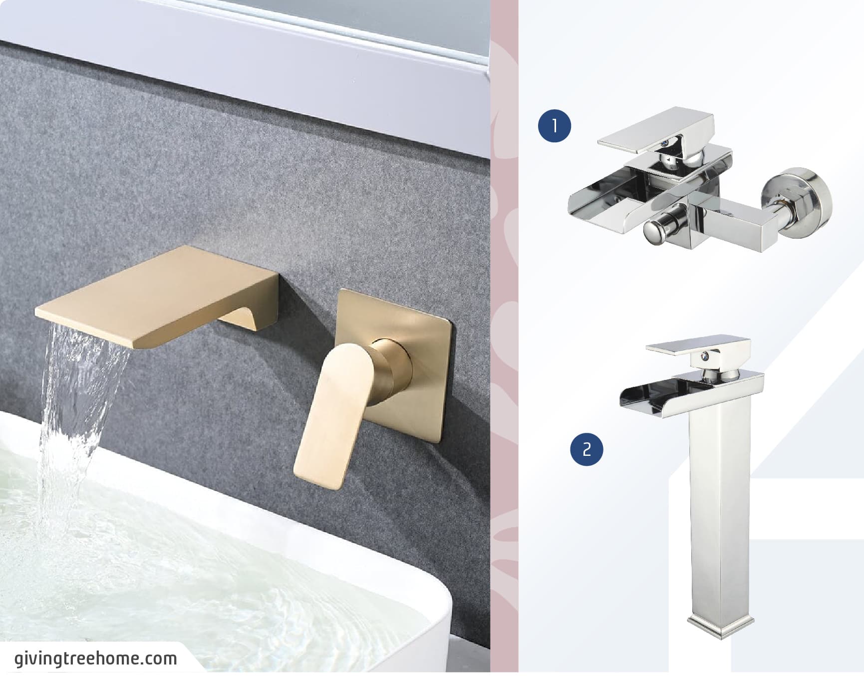 Moodboard de grifería para lavamanos estilo cascada disponibles en Sodimac, junto a una imagen de un lavamanos blanco con una llave lavamanos dorado estilo cascada.