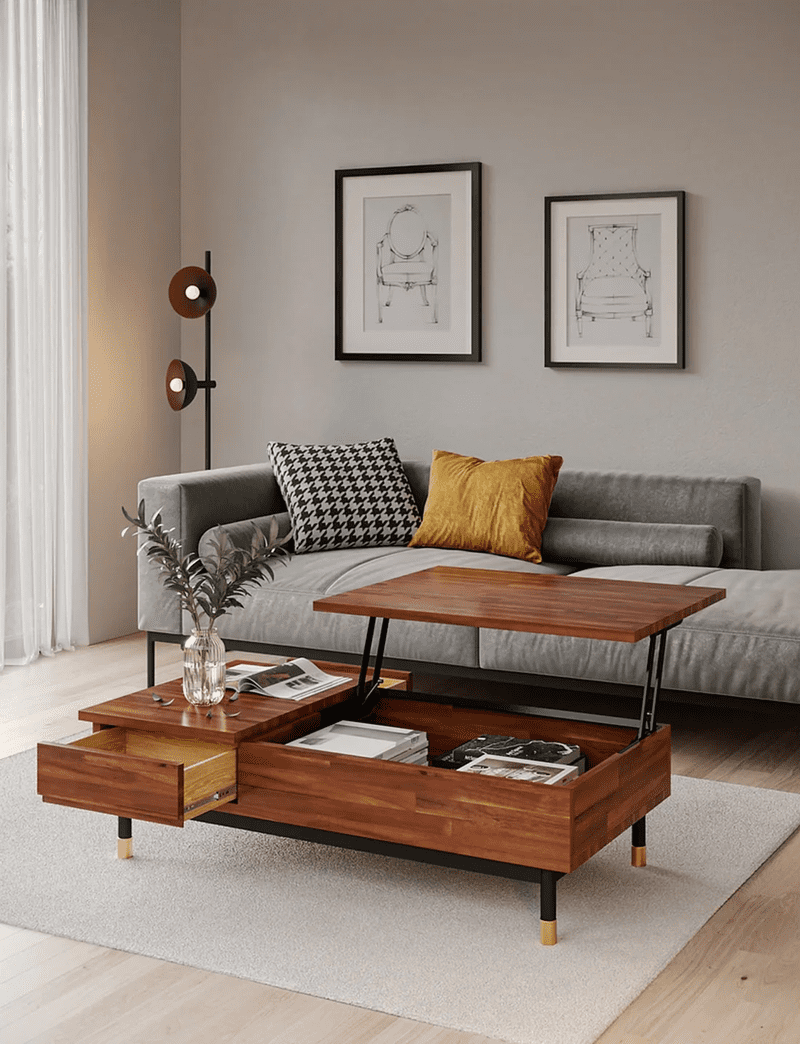 Living moderno con un sofá gris con patas de madera y, frente a él, una mesa de centro rectangular multifuncional de madera. Una parte de la mesa de centro puede levantarse para formar una mesa más alta.
