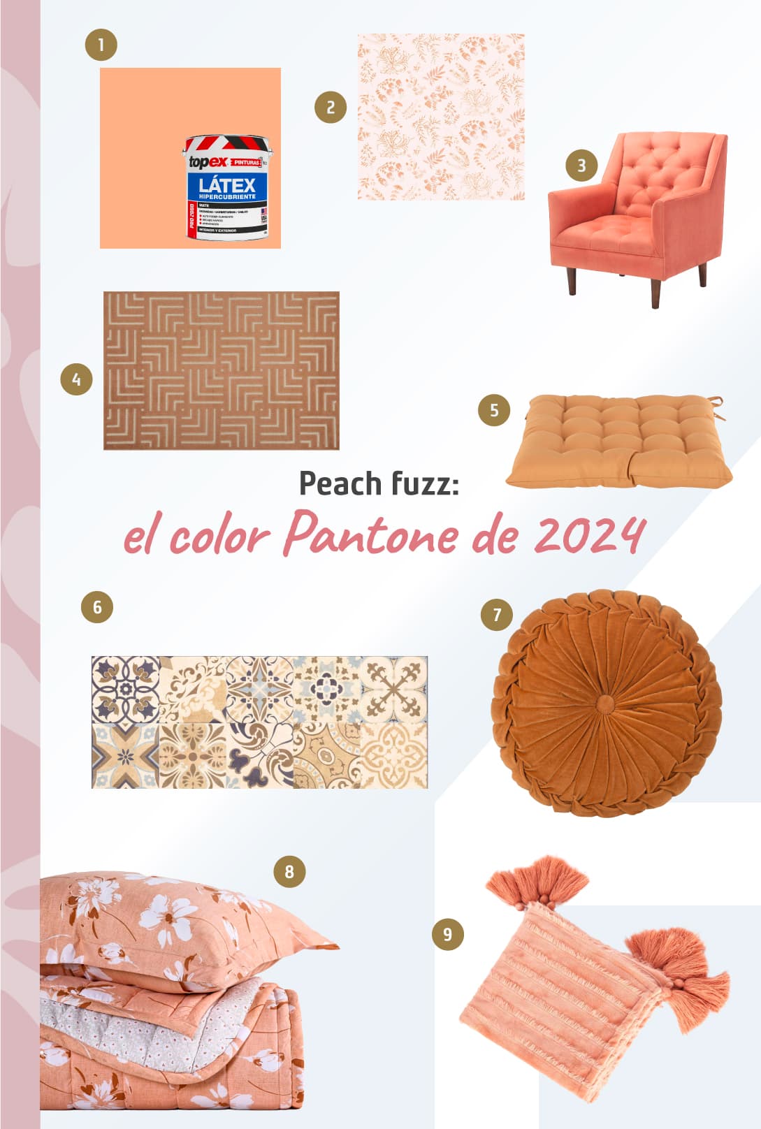 Moodboard de productos de colores Pantone de 2024, peach fuzz, disponibles en Sodimac.
