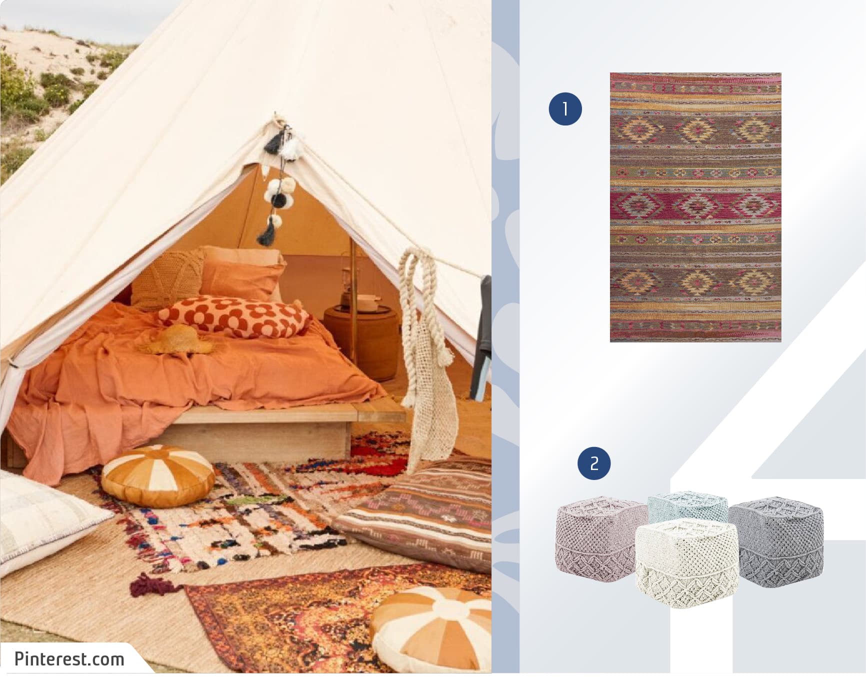 Moodboard de alfombras y poufs disponibles en Sodimac junto a una foto de una carpa blanca con una cama con una sábana rosada, cojines crema y color camello, dos alfombras kilim y otros adornos.