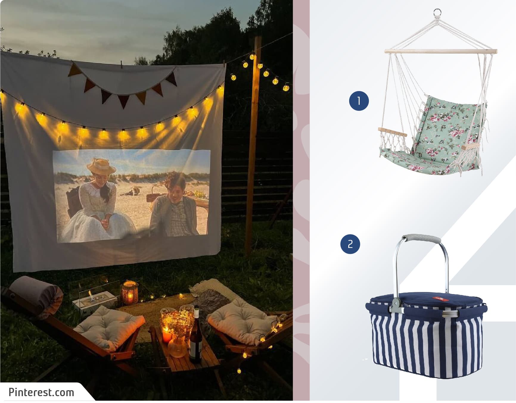 Moodboard de sillas colgantes y canastos picnic disponibles en Sodimac junto a una imagen de un cine en el patio, con pantalla de tela blanca, cojines y alfombras y decorado con guirnalda de luces.