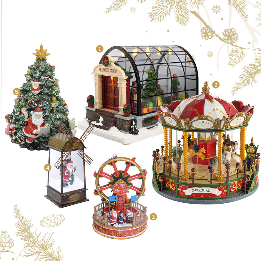 Moodboard con cinco miniaturas de paisajes y figuras navideñas: Santa, un árbol de navidad, una rueda de la fortuna, un carrusel y una tienda de flores.