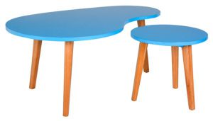 mesas de centro con patas de madera y superficie azul