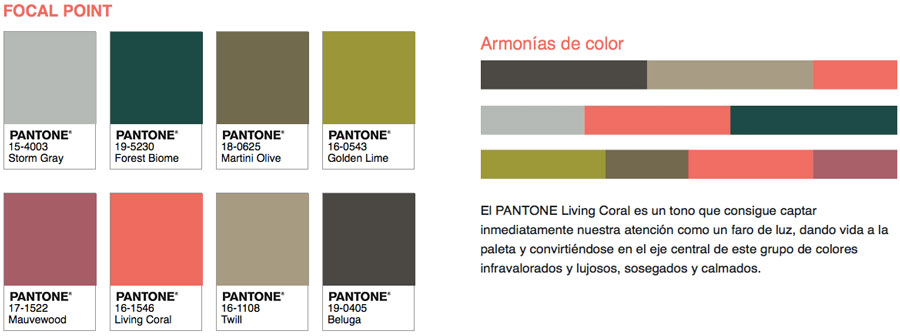 Paleta de colores Focal Point, con ocho colores pantone, que varían entre el gris, verdes y burdeos.