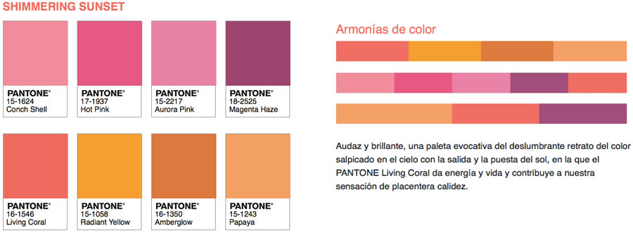 Paleta de colores Shimmering Sunset, con variación de ocho colores entre rosa, naranjo y café