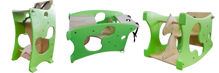 Silla de comer transformable Tres vistas de la silla infantil transformable, para comer, jugar y dibujar.