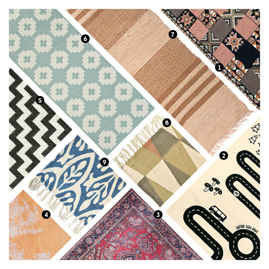 Composición de alfombras Homy de diseños y colores diversos.