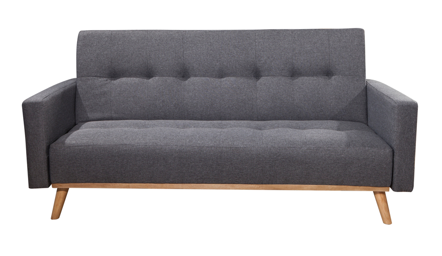 Futones y sofá camas color gris con patas de madera y un toque de capitoné. Ideal para decoraciones sencillas y de líneas limpias.