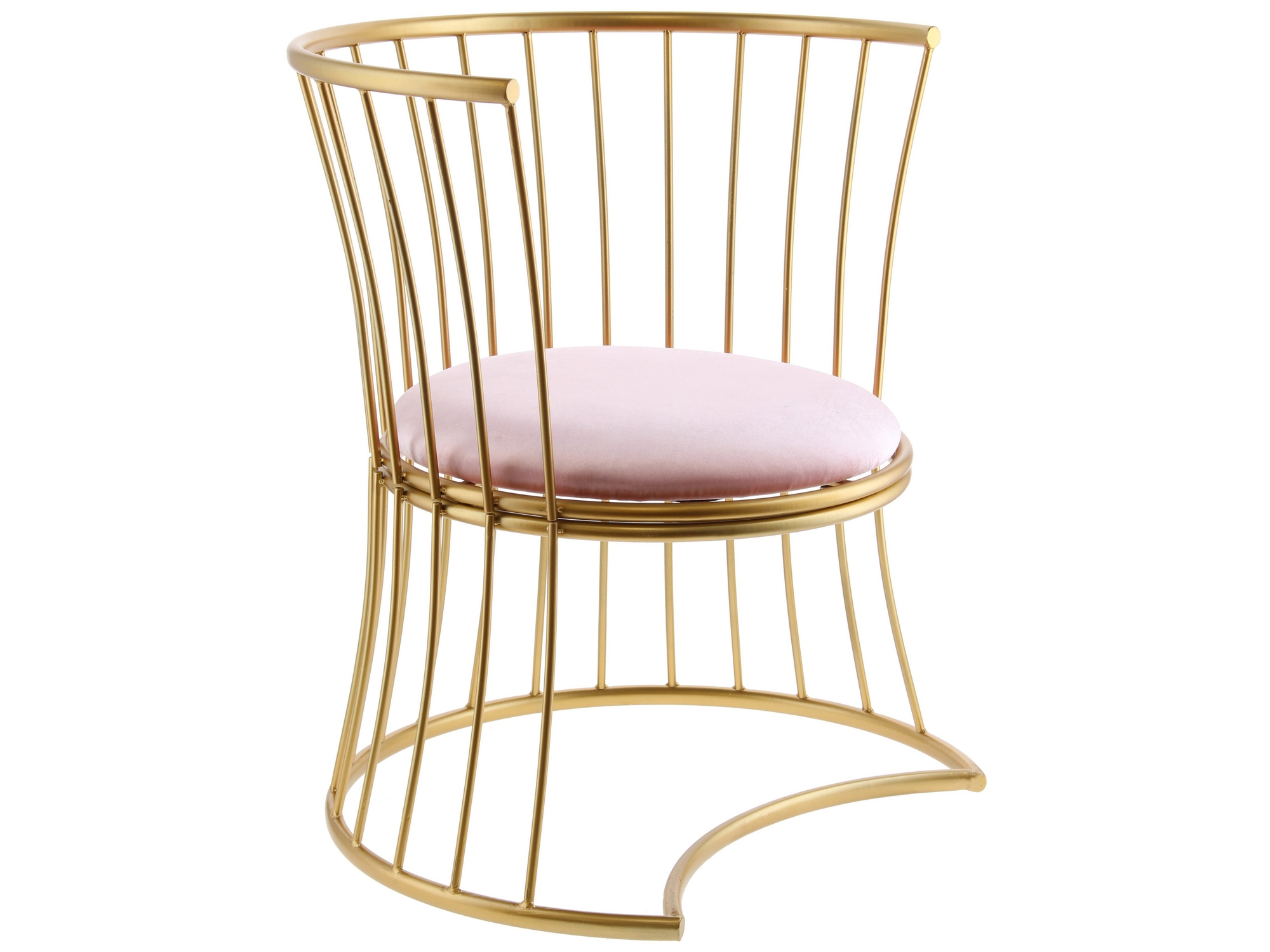 Poltrona metálica en tono cobre, con líneas curvas y asiento rosado de tela