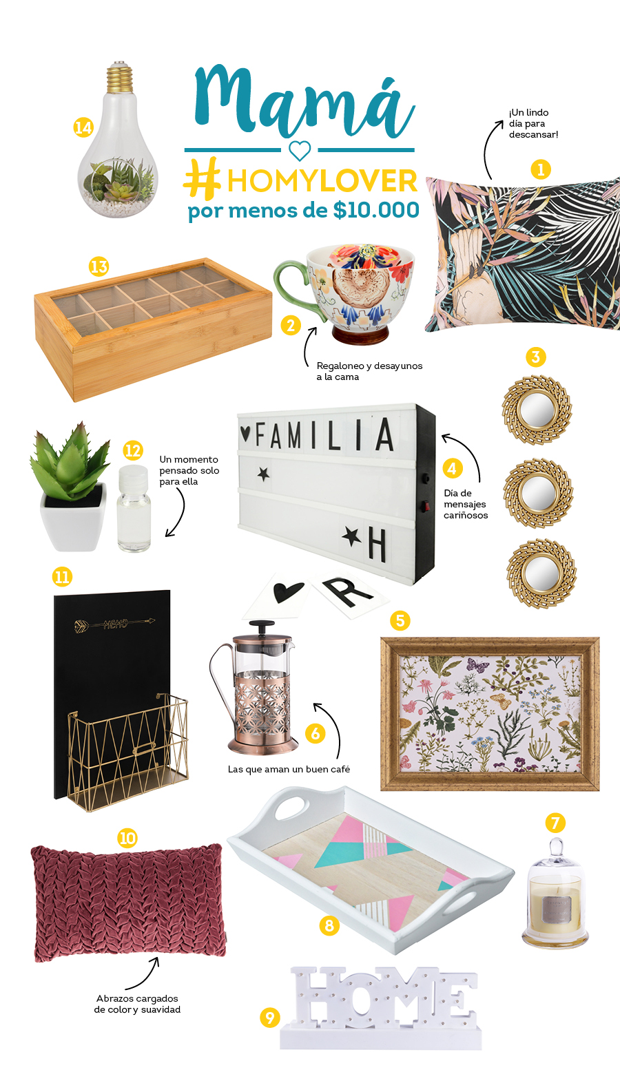 Variedad de regalos para el día de la mamá por menos de 10 mil pesos: taza, set espejos dorados, caja luz con letras, cuadro flores, cafetera de vidrio, vela decorativa, bandeja de madera, letras luminosas, cojínes, organizador de cartas, difusor planta, caja para té, terrario ampolleta Variedad de regalos para el día de la mamá por menos de 10 mil pesos: taza, set espejos dorados, caja luz con letras, cuadro flores, cafetera de vidrio, vela decorativa, bandeja de madera, letras luminosas, cojínes, organizador de cartas, difusor planta, caja para té, terrario ampolleta
