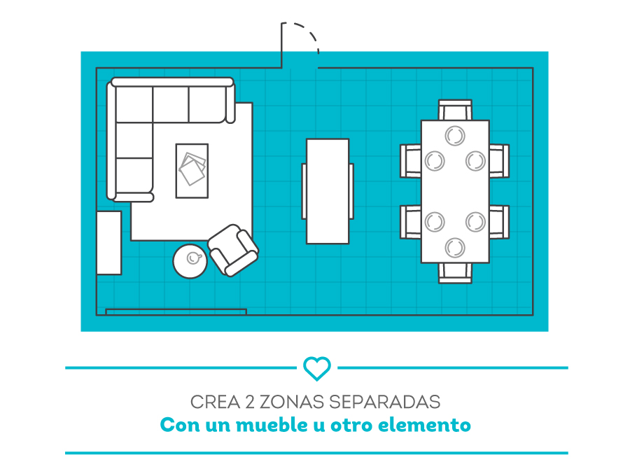 Mapa de decoración para living alargado que contiene el living y un comedor separado por un mueble.